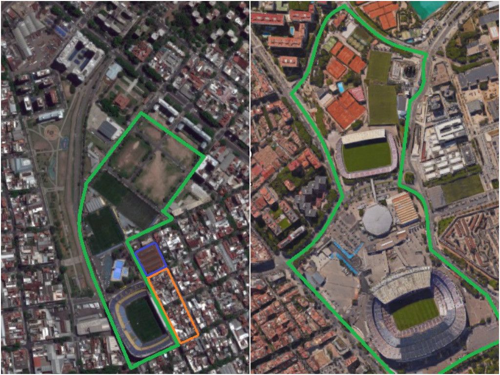 Comparación a idéntica escala ente nuestro club y el Barcelona, también Asociación Civil, que cuenta con un gran predio social para el disfrute de sus socios. VERDE: Terrenos actuales. NARANJA: Manzanas para ampliar. AZUL: Galpón en venta.